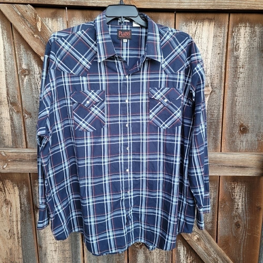 Plains Big Man Western Pearl Snap Shirt Blue Plaid Size 3X
